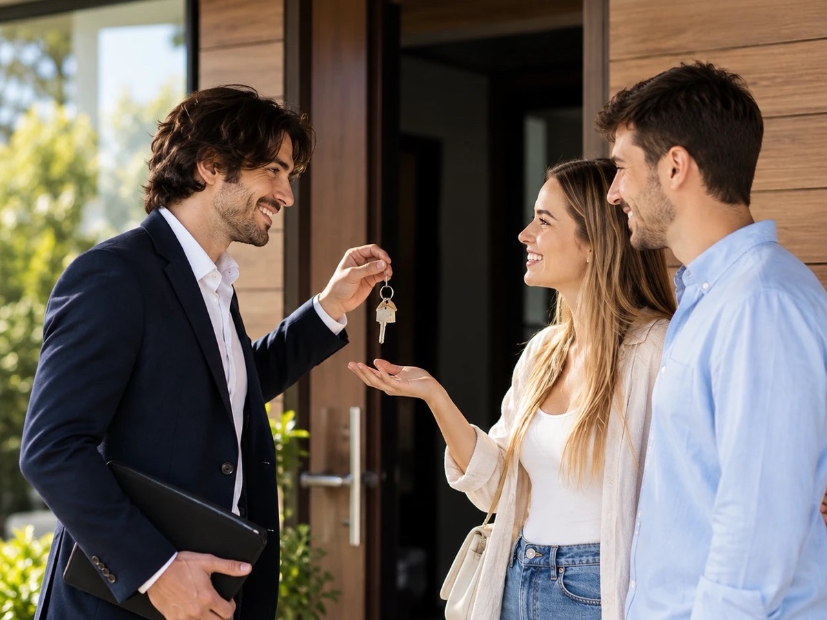 Agente inmobiliario recibiendo a nuevos inquilinos en la puerta de la propiedad